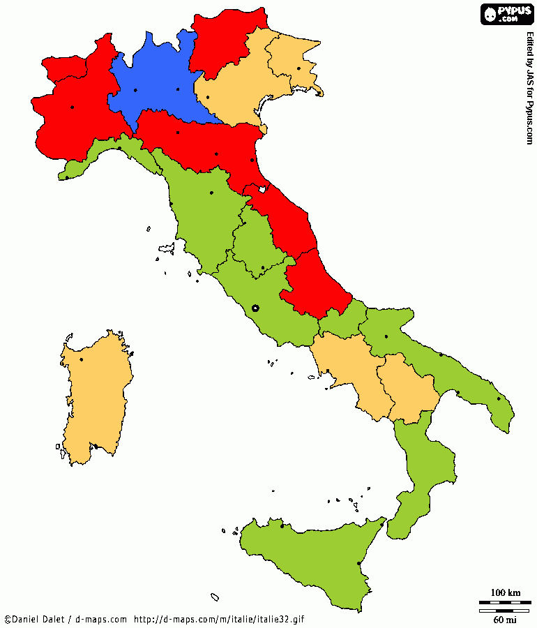 REGIONI ATTENZIONATE mappa Italia da colorare