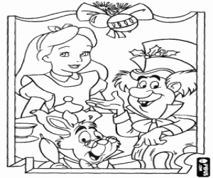 Colora Alice che celebra il Natale con il Cappellaio Matto e il Bianconiglio