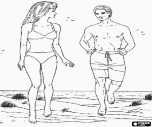 Colora Barbie e Ken in spiaggia con bikini e boxer