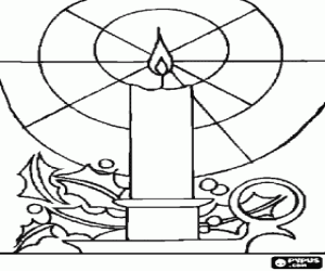Colora Candela accesa di Natale con la fiamma che ilumina con un piatto decorato con foglie di agrifoglio