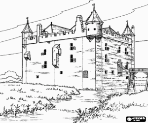 Colora Castello o torre fortificata circondata da un fiume e con l'accesso da un ponte levatoio