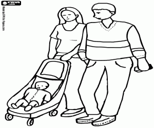 Colora Coppia giovane, con il loro bambino in passeggino