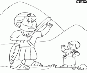 Colora David di fronte il gigante filisteo Golia con una fionda solo