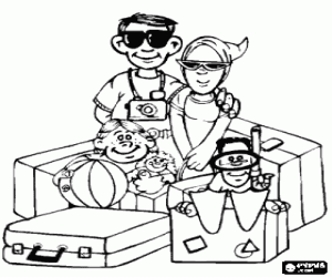 Colora Famiglia con i bagagli pronti per l'estate: sacchi, palla, bambola, attrezzatura subacquea, fotocamera e occhiali da sole