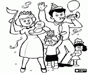 Colora Famiglia in piena celebrazione, i genitori, un bambino, una bambina e un neonato