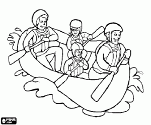 Colora Famiglia, padre, madre, figlio e figlia, navigando e remando in una canoa dotati di caschi e giubbotti di salvataggio