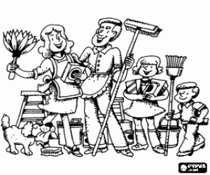Colora Famiglia pronto a pulire la casa, i genitori, i bambini e il cane
