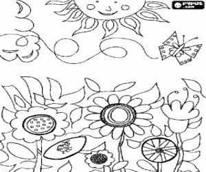 Colora Fiori in campo con una farfalla di volo e il sole sulla cima