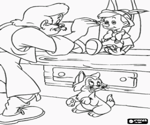 Colora Geppetto, il vecchio falegname, che pinta il suo nuovo burattino di legno, Pinocchio, sotto la vigile dil gatto Figaro