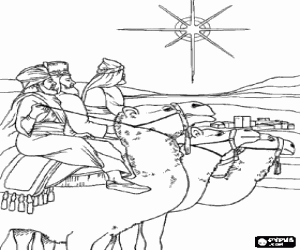 Colora I Magi arrivano con i loro cammelli a Betlemme dopo aver seguito la Stella di Natale