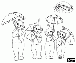 Colora I quattro Teletubbies, con gli ombrelli aperti