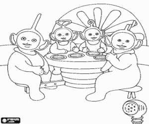 Colora I quattro Teletubbies congli bavaglini sentati al tavolo nella hora dal pasto