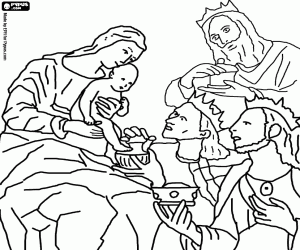 Colora I Re Magi che fornire i loro doni, oro, incenso e mirra, il Bambino Ges� tra le braccia di sua madre Maria
