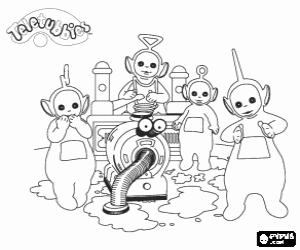 Colora I Teletubbies con Noo-noo che fa la pulizia della casa