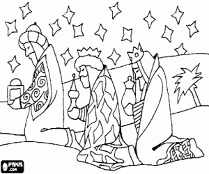 Colora I tre Magi consegnare i loro doni, oro, incenso e mirra, al Bambino Ges�