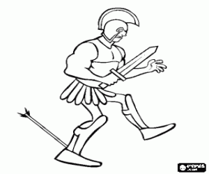 Colora Il grande guerriero Achille, eroe della guerra di Troia, colpito da una freccia avvelenata nel tallone