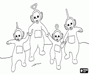 Colora Il Teletubbies che cammina insieme delle mani: Laa-Laa, Tinky Winky, Po e Dipsy