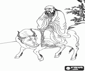 Colora Laozi, Lao Tse o di Lao-Tzu, filosofo della Cina antica, figura centrale del Taoismo, cavalcando un bufalo