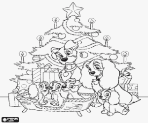 Colora Lilli e Biagio, il Vagabondo, con i suoi cuccioli di fronte il albero di Natale