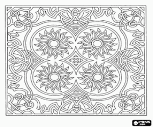 Colora Mandala complessi con quattro soli o quattro fiori
