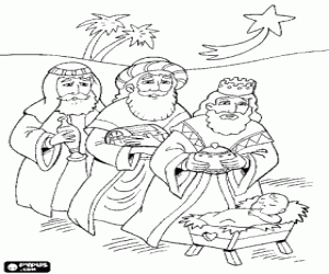 Colora Melchiorre, Gaspare e Baldassarre che offrire i loro doni davanti al Bambino Ges� alla luce della stella di Natale