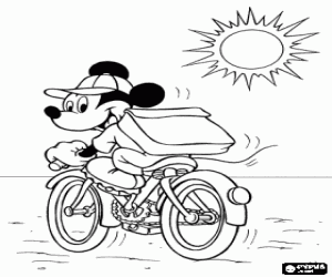 Colora Mickey Mouse in sella a una bicicletta con il berretto sotto un sole forte