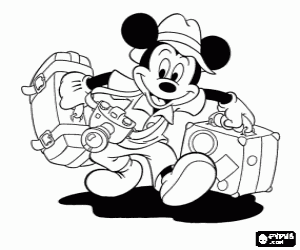Colora Mickey Mouse, Topolino congli borse e una macchina fotografica per il viaggio