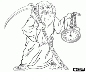 Colora Padre Tempo come una personificazione del vecchio anno, un uomo anziano con la barba, che vesti un abito, portando una falce e un orologio da tasca
