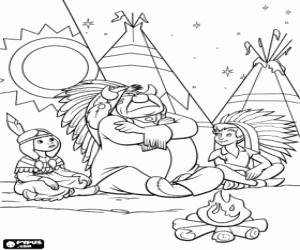 Colora Peter Pan nel campo della trib� indiana Piccaninny con la giovane principessa Giglio Tigrato e suo padre, il capo indiano