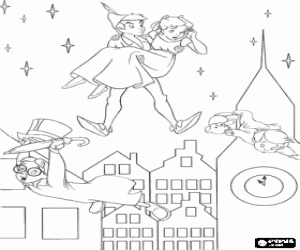 Colora Peter Pan, Wendy, John e Michael volare attraverso il cielo di Londra