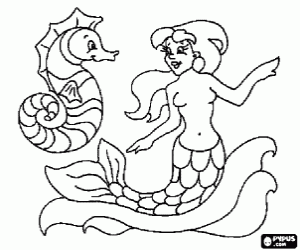 Colora Piccola Sirena con un cavalluccio marino