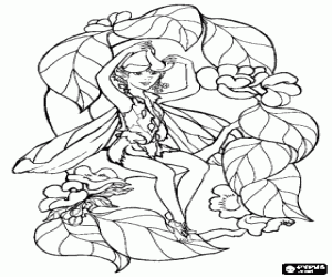 Colora Piccolo folletto o elfo che gioca con le foglie e fiori
