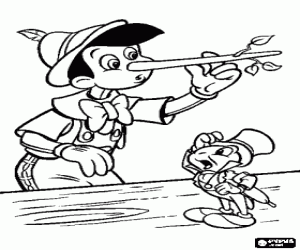 Colora Pinocchio con un lungo naso, perch� molti di loro si trova accanto il suo amico e consigliere Grillo Parlante