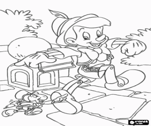 Colora Pinocchio, felice, andavano a scuola con Grillo Parlante