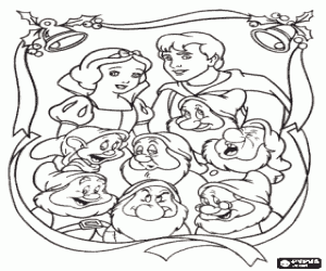 Colora Principessa Biancaneve, il principe e i sette nani incorniciato con decorazioni di Natale