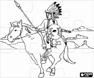 Colora Puzzle d'indiano guerriero equitazione in tutta la pianura con le montagne alle spalle con le loro piume, scudo e lancia