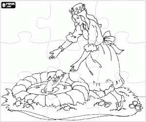 Colora Puzzle della principessa che gioca nello stagno con il principe trasformato in una rana, sia con le loro corone