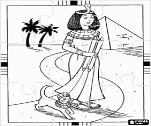 Colora Puzzle di  Antico Egitto - In prossimit� di una piramide e une palme Cleopatra passeggiando lungo con il suo gatto, che rappresenta la dea Bastet, con i loro copricapo a forma di serpente o asp