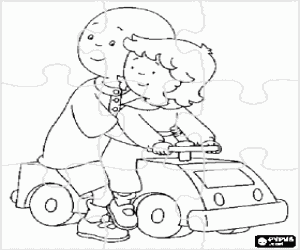 Colora Puzzle di Caillou montato su una piccola auto giocattolo assieme a sua sorella Rosie