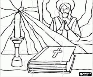 Colora Puzzle di Cristianesimo - La Bibbia e una candela accesa su l'altare con l'immagine di Ges� sullo sfondo