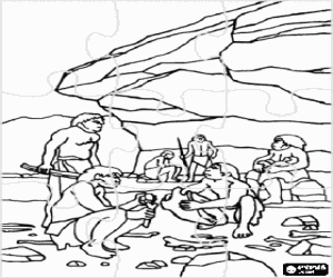 Colora Puzzle di Preistoria - Gruppo di uomini di Neandertal sotto la protezione di un riparo roccioso, le persone che svolgono attivit� diverse: alcuni carving pietre, altri preparano a caccia di una donna nell'allattamento