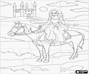 Colora Puzzle di principessa che fa una passeggiata a spine dil suo cavallo nei pressi del castello