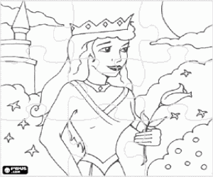 Colora Puzzle di volto della principessa con corona e un tulipano in mano nel giardino del castello