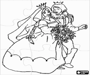 Colora Puzzle dil principe e la principessa con le loro corone in corteo nuziale dopo il matrimonio regale 