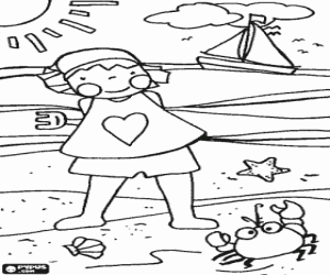 Colora Ragazza che giocano sulla spiaggia con un granchio e una barca a vela sul mare