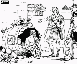 Colora  Scene di conversazione tra il filosofo greco Diogene di Sinope, nel suo barile, e Alessandro il Grande, accompagnato da un soldato, per le strade di Atene