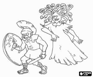 Colora Soldato greco con il suo elmo, spada e scudo con Medusa, la Gorgone, dietro le sue spalle