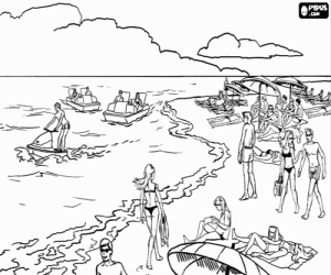 Colora Sulla spiagia passeggiando, prendere il sole e godere il mare con un jet ski e altre imbarcazioni