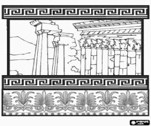 Colora Tempio greco de l'ordine corinzio, i capitelli delle colonne con foglie d'acanto