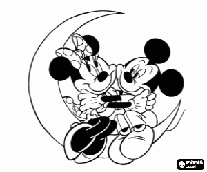 Colora Topolino e Minni in amore e abbracciando sulla luna